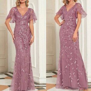 Luxe floral embroidered mesh sequins party formal prom wedding gown dress